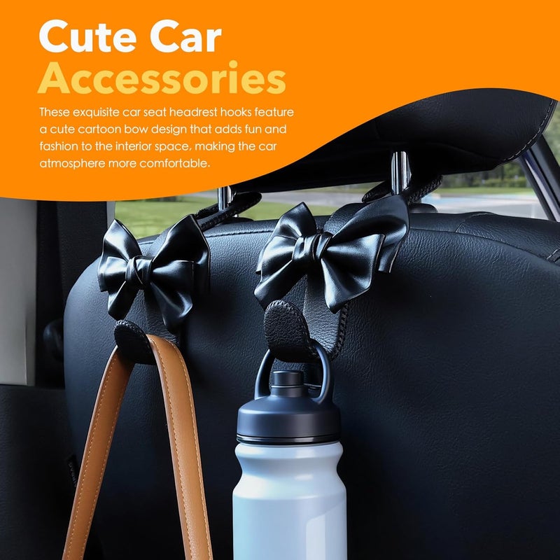 TISOHUGO Car Purse Hook, Cute Bow Hooks for Headrest - Leather U-Shaped Purse Holder for Car, Flexible Seat Back Organizer & Durable Vehicle Accessories for Bags, Coats & More (Black-2 Pack) - Image 2